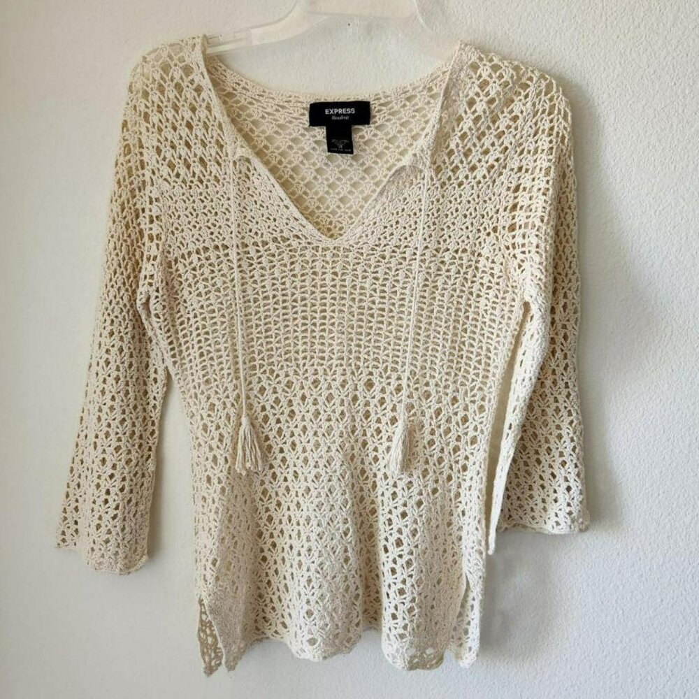 Express Handknit Vintage Linen Open Weave Sweater Size S/M Boho Cottage Garden